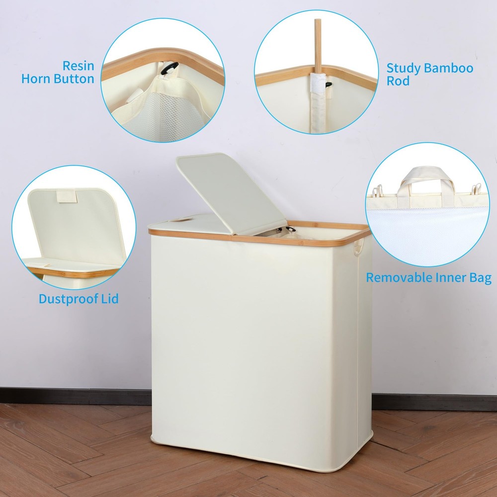 Laundry Hamper with Lid, Double Laundry Hamper with 2 Removable Bags, 2 Secti...