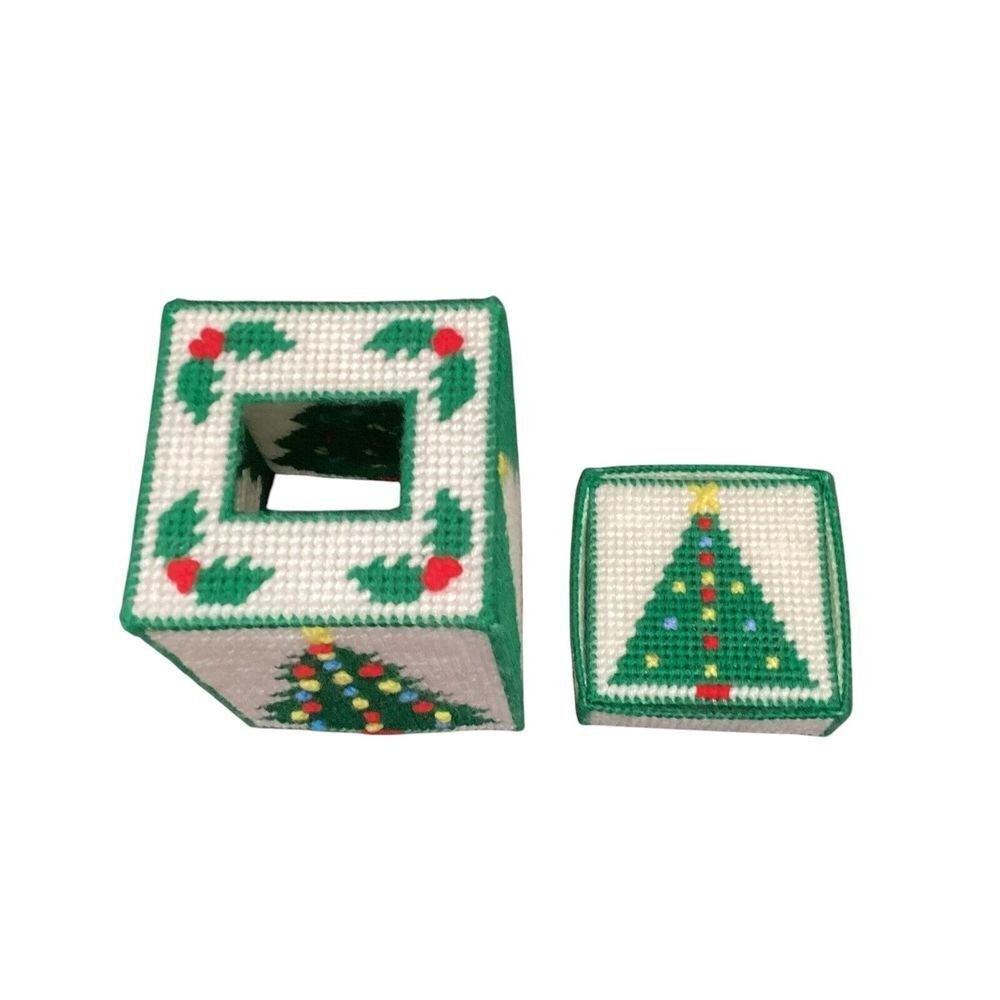 Handmade Plastic Canvas Christmas Tree Tissue Box Cover Coasters Set
