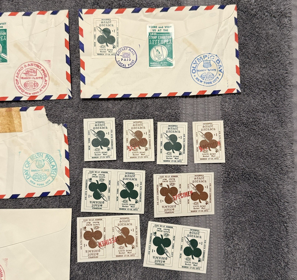 1972 St. Patrick MO Rocket Mail covers (7) + INTERPEX card + 12 labels, crash