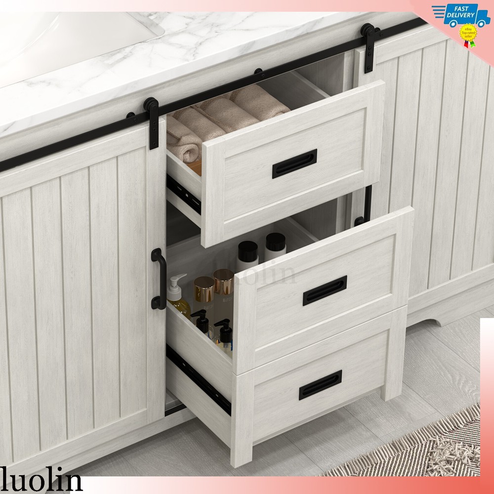 54" Bathroom Vanity Storage with Ceramic Double Sink Combo Marble Countertop