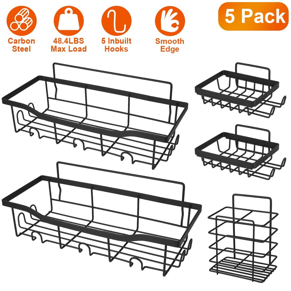 5Pack Shower Caddy Adhesive Shelves Organizer w/ 18 Hooks Rustproof Storage Rack
