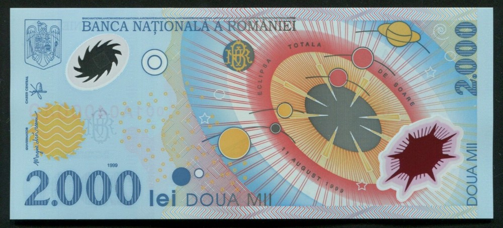 t089 LUCKY SERIAL 0400111 ROMANIA 2000 LEI 1999 SOLAR ECLIPSE POLYMER BANKNOTE