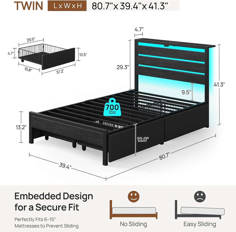 Twin Platform Bed LED Lights Charging Station 4 Drawers