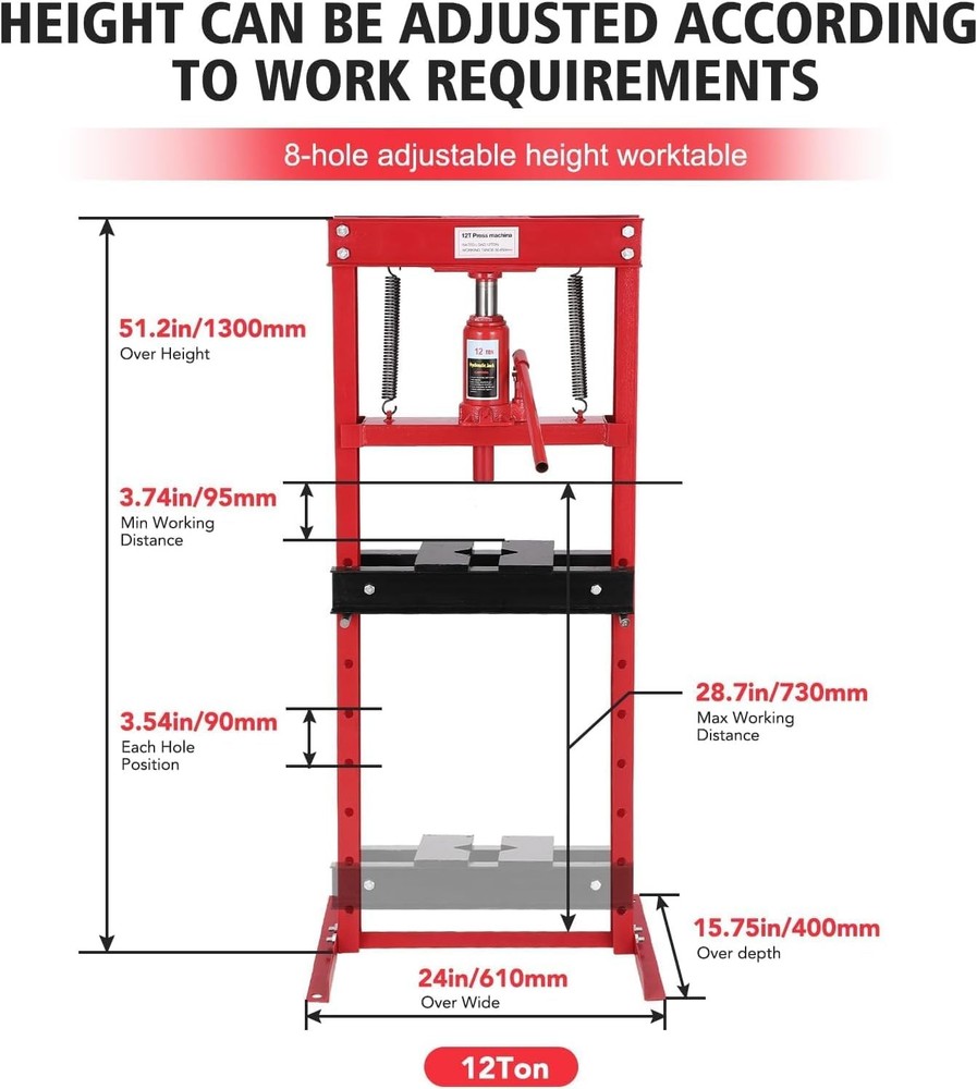 12 Ton Hydraulic Press H-Frame Shop Adjustable Work Table