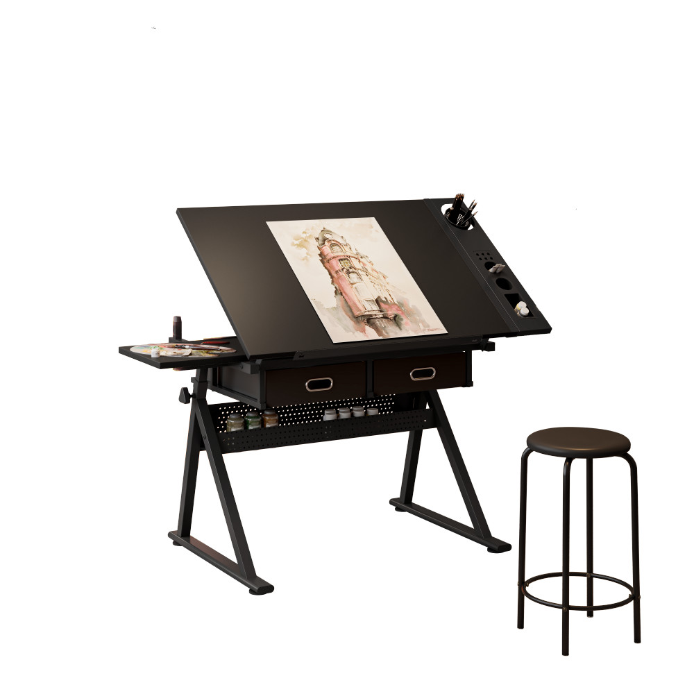 Adjustable drawing drafting table desk for home office and school with stool