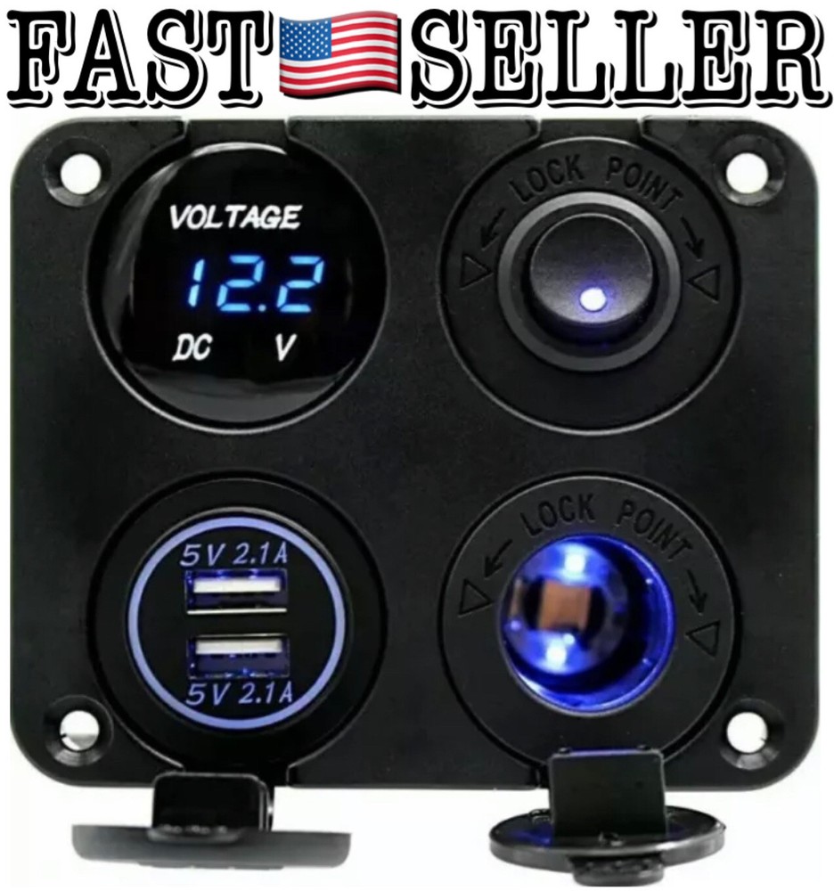 Blue LED Switch Panel Kit Dual USB Car Charger+Voltmeter+12V Power Socket+On-Off