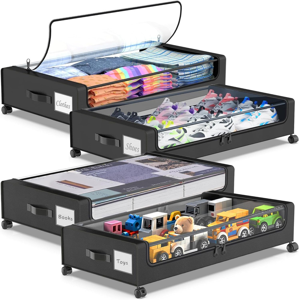 Beborxue under Bed Storage with Wheels, 4-Pack Underbed Storage Containers with