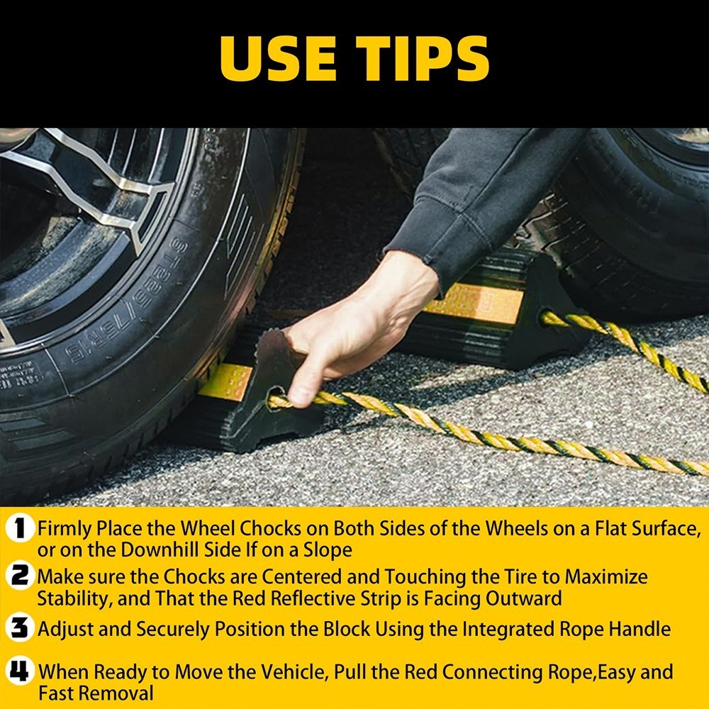 4 PCS Rubber Wheel Chocks w/ Rope For RV Trailer Camper Car Truck Aircraft Boat