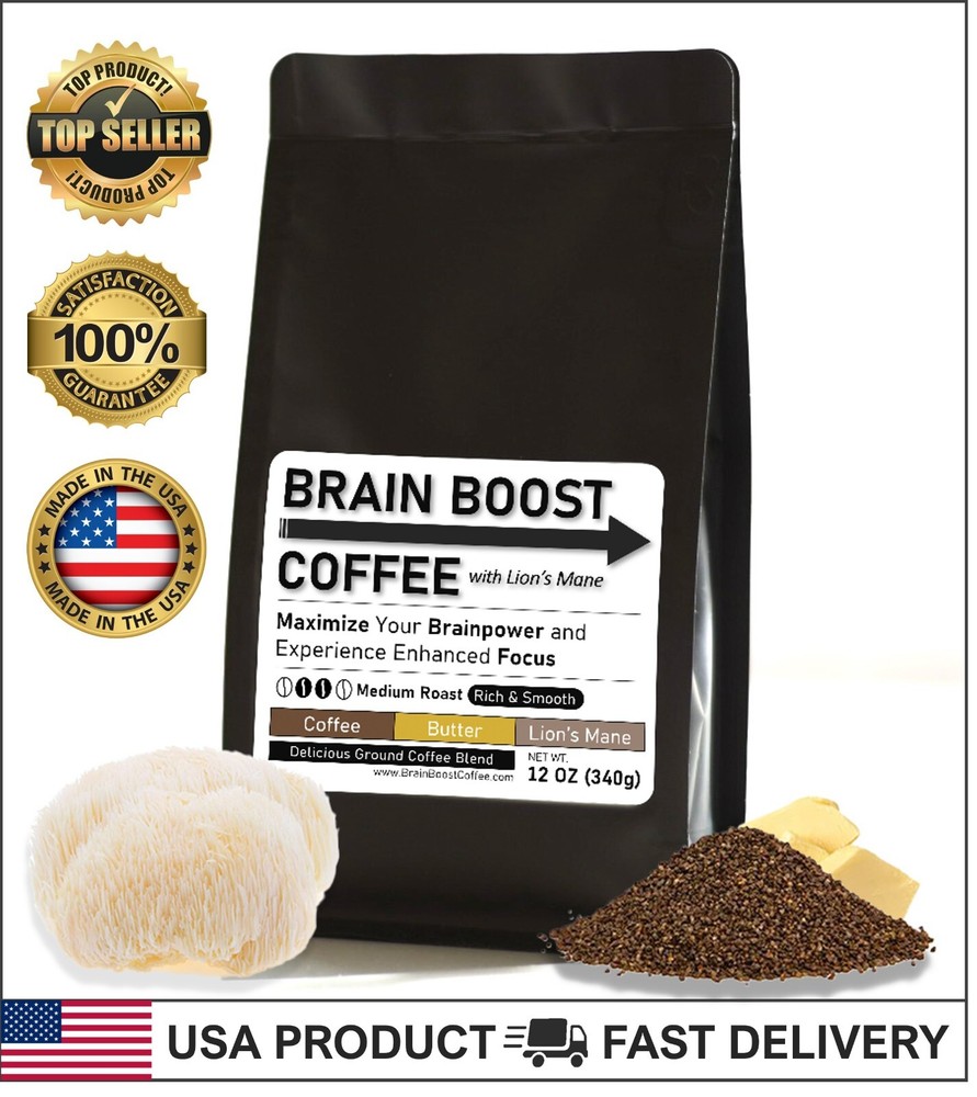 BRAIN BOOST MUSHROOM COFFEE☕ Medium Roast Ground Coffee Lions Mane Infused Blend