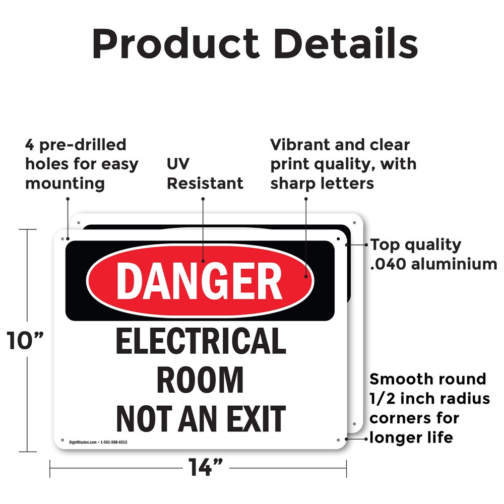 (2 Pack) Electrical Room Not An Exit OSHA Danger Sign Decal Metal Plastic