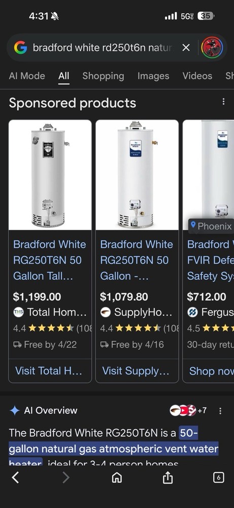 New 50 Gallon Bradford White Water Heater Gas Rg359T6N-394