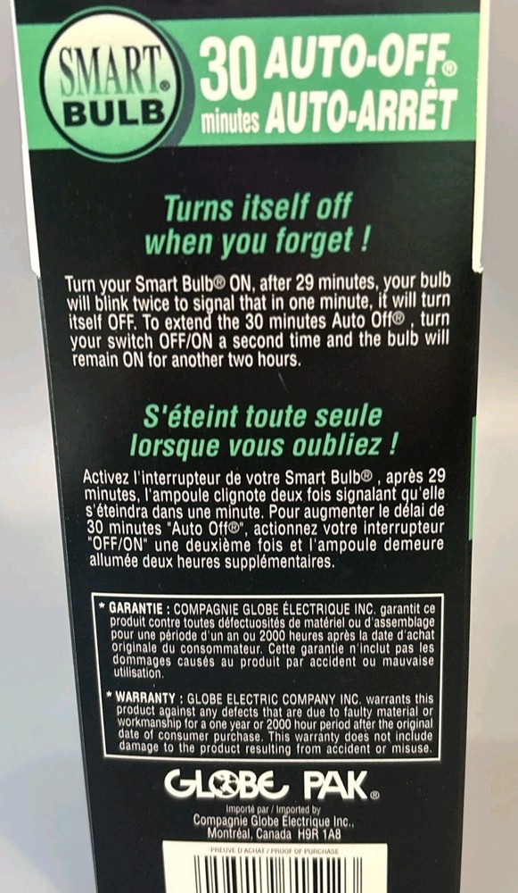 Globe Smart Bulb 30 Min Auto-Off 60W Soft Start Timer Light Bulb 71512 New Box