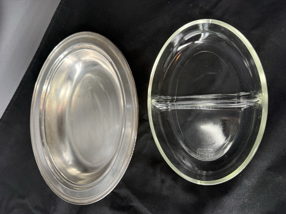 Crescent Silverware Co. Silverplate Split Serving Dish Covered W/ Glasbake