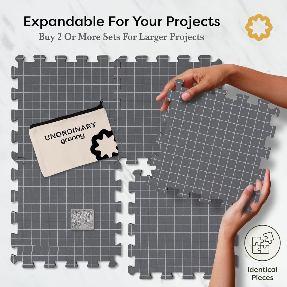 Crochet Blocking Board Set – 9 Extra Thick Interlocking Mats with Grid, 150 T-Pi