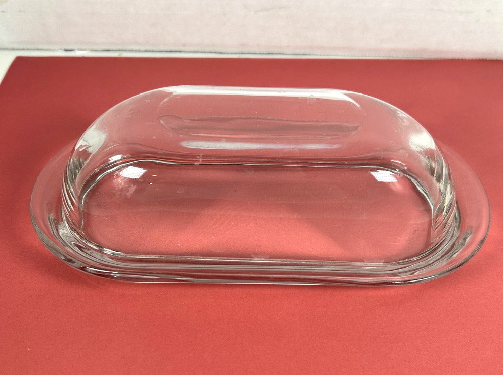 Very Nice Solid Clear Glass Covered BUTTER DISH Simple Smooth See-Through