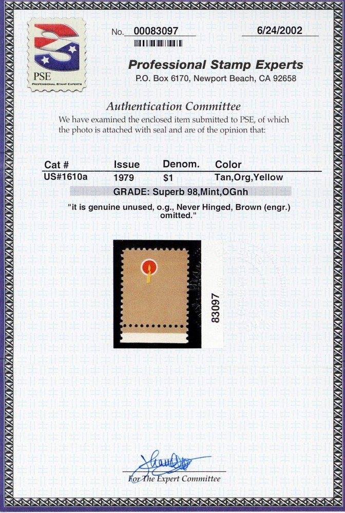 1610a, Superb NH $1 Error - Brown Eng Color Omitted PSE Graded 98 * Stuart Katz