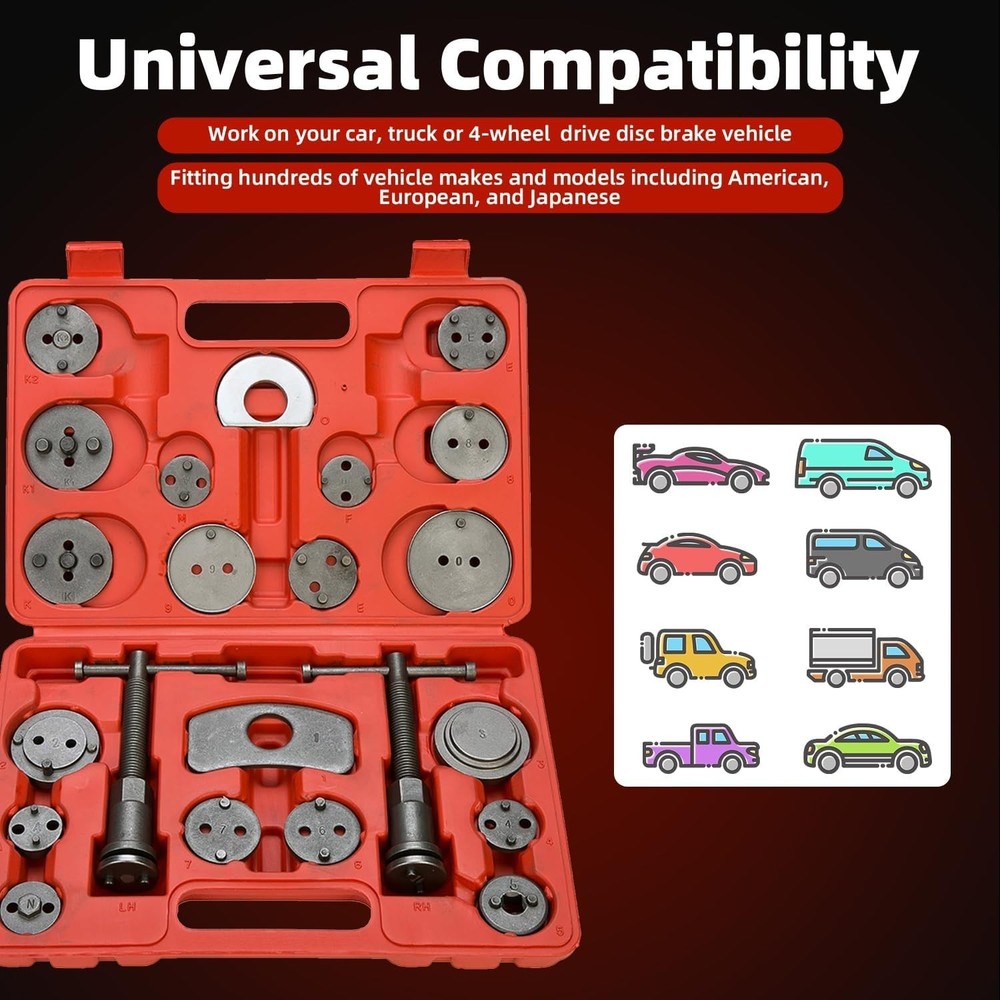 Comprehensive 24pc Brake Caliper Tool Set with Dual Thrust Bolts & Storage Case