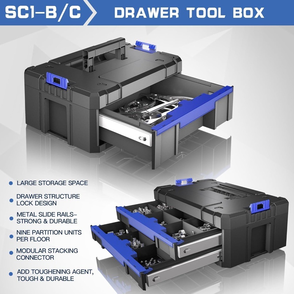 4 Tier Stackable Rolling Tool Box with Wheels, Modular Organizer Drawers,