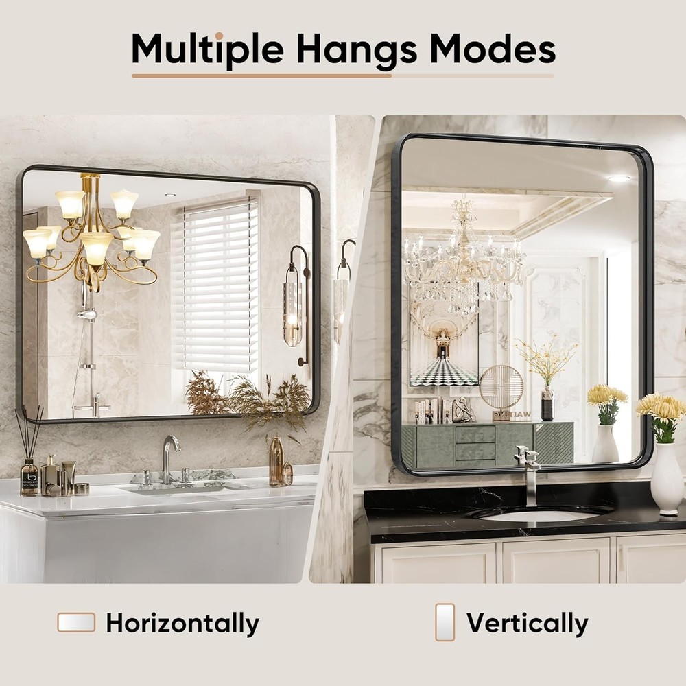 Modern Matte Black Vanity Mirror (36x24) - Rounded Rectangle Bathroom Mirror