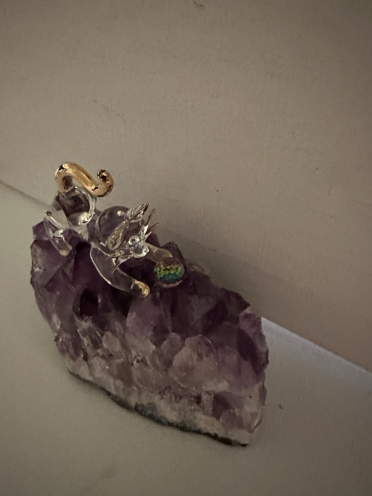 Cat With Rainbow Cut Ball On Amethyst Geode Stone
