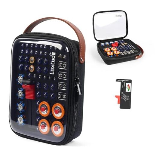Battery Organizer Storage Case with Tester, Clear Battery Storage Black Caddy