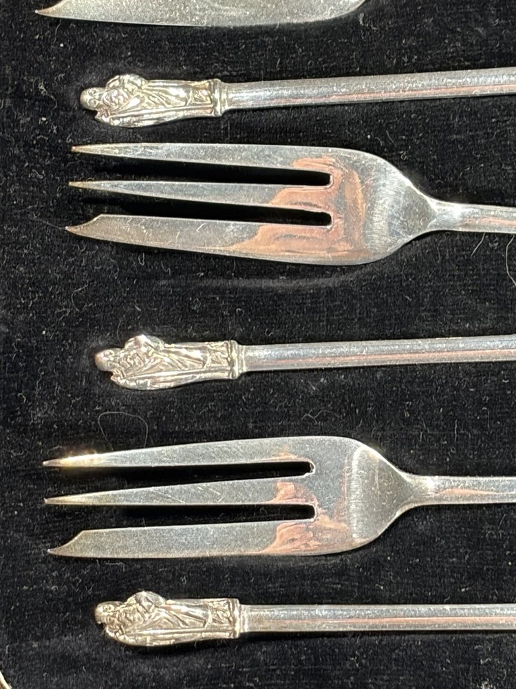 Antique solid silver Apostle Oyster fork set of Presentation Box