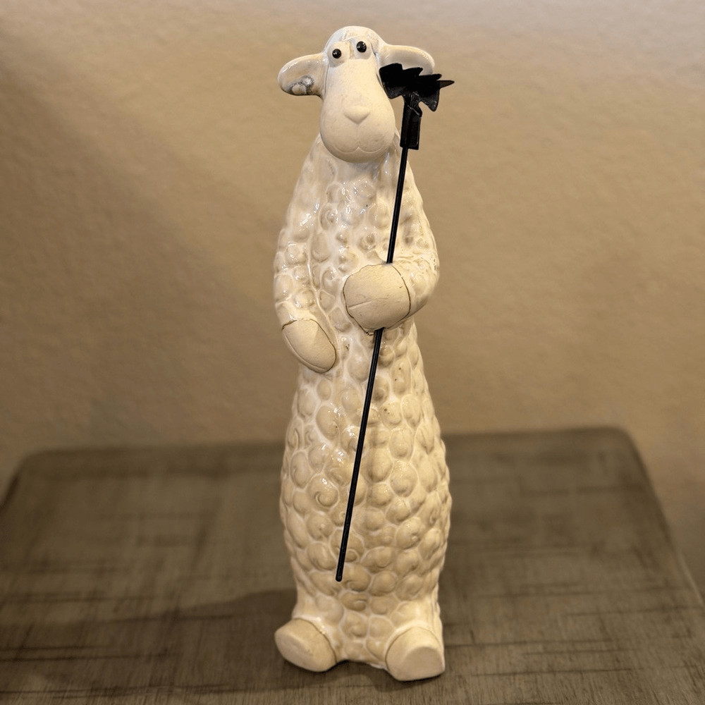 Ceramic Sheep Figurine with Black Staff