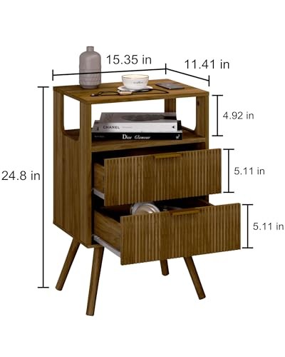Nightstand,Modern Bedside Table with 2 Storage Drawer and Open Walnut Brown