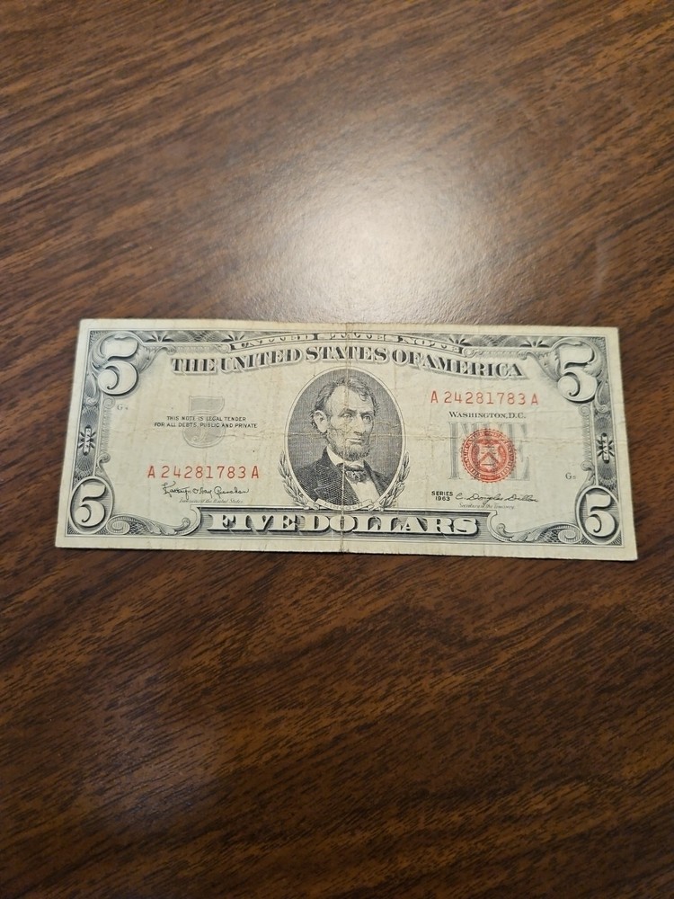 1963 $5 Five Dollar Red Seal  Note A24281783A