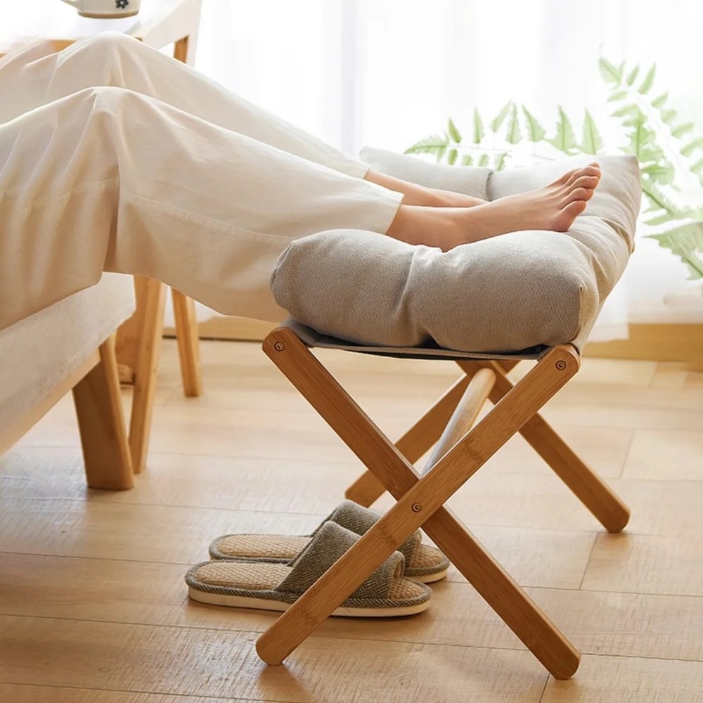 Folding Footrest Stool, Small Portable Bamboo Accent Ottoman, Footstool