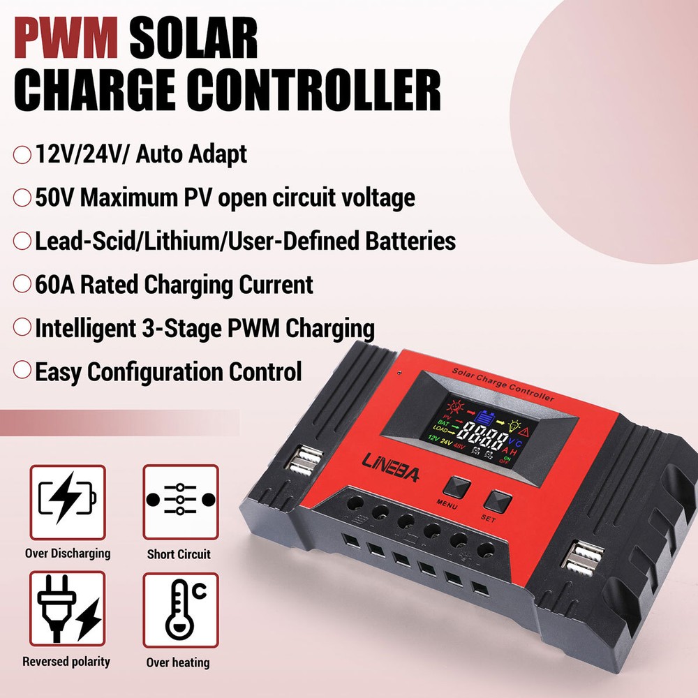 100A PWM Solar Panel Charge Controller 12/24/48V Auto LCD Display 4USB Timer Set
