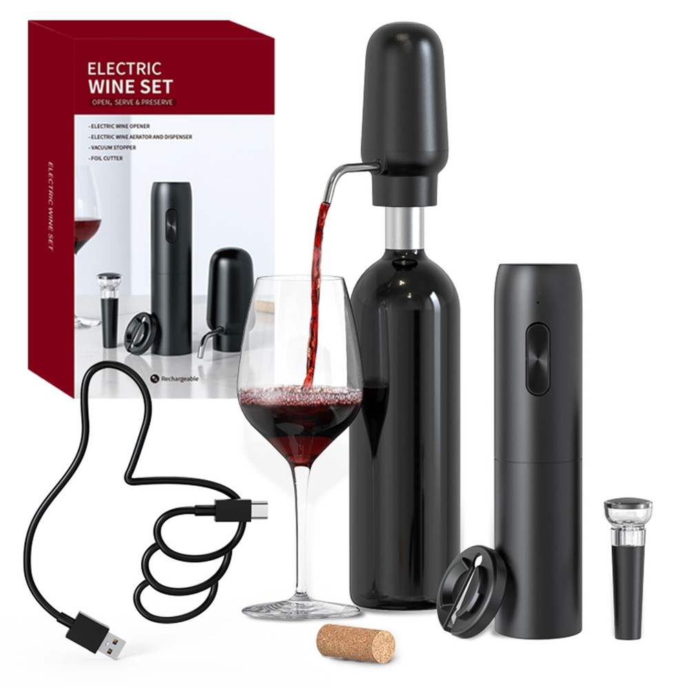 Electric Wine Opener Set 4-in-1 Automatic Corkscrew with Rechargeable Wine Ae...