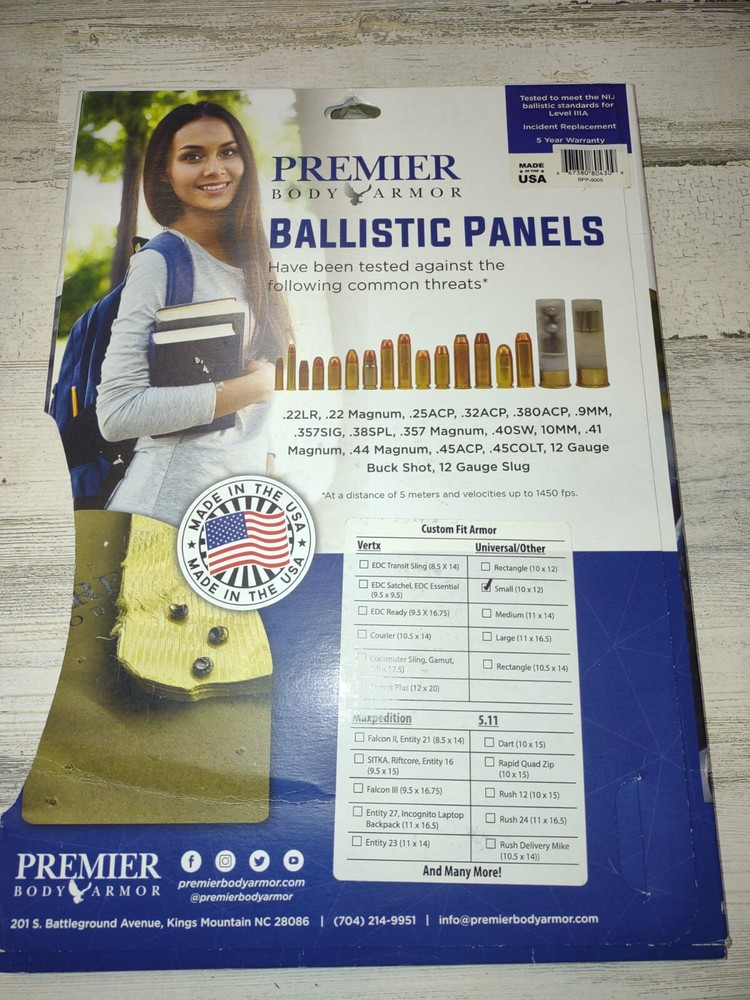 Premier Body Armor BPP-9005 Backpack Panel small universal fit 10"x12"