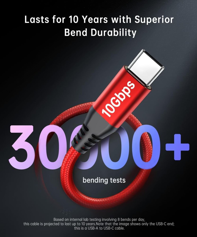 10ft Red USB C Cable 10Gbps Data Transfer, Extra Long 3.2 Gen 2 10ft,