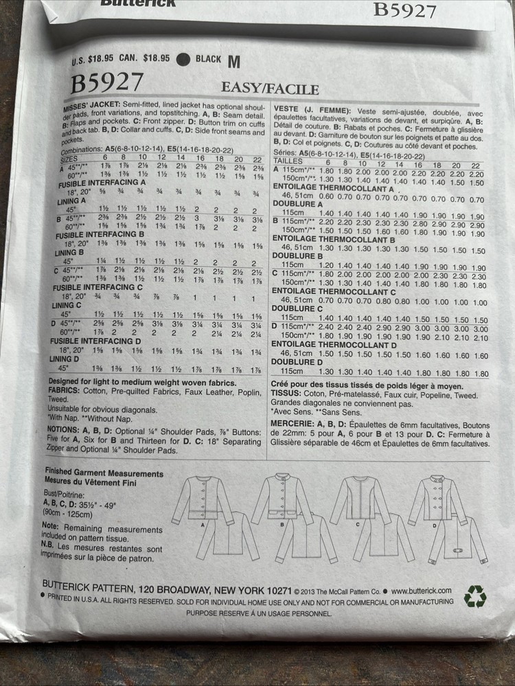Butterick B5927 Semi-Fitted, Lined Jacket w Flaps & Pockets Sz 6-14 UC Pattern