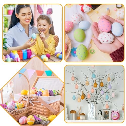 12 Pcs Paper Mache Easter Eggs with 12 Pcs Bunny, White Easter Craft Egg