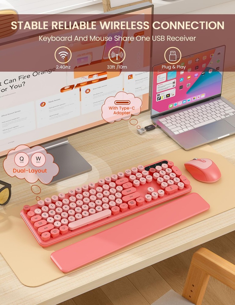 Wireless Keyboard and Mouse Combo - Cute Typewriter Keyboard with Detachable ...