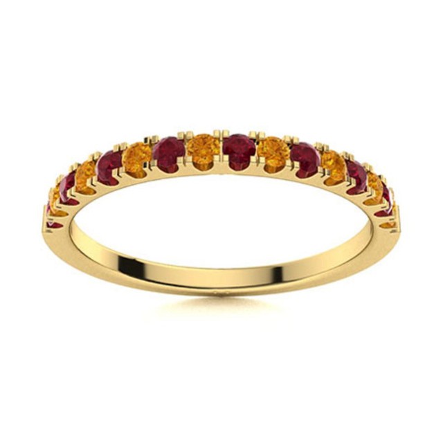 Citrine & Ruby 2MM Round 925 Sterling Silver Gold Plated Half Eternity Ring