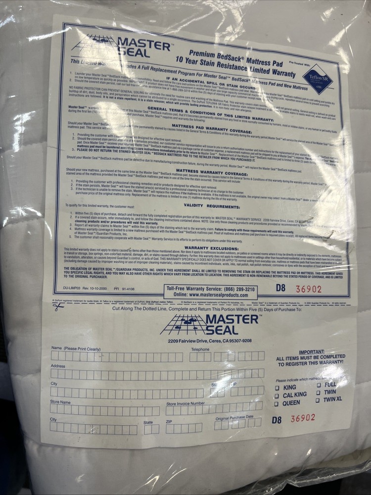 Master Seal Preminm Mattress Protetor 200 Thread Count CAL. KING SIZE.