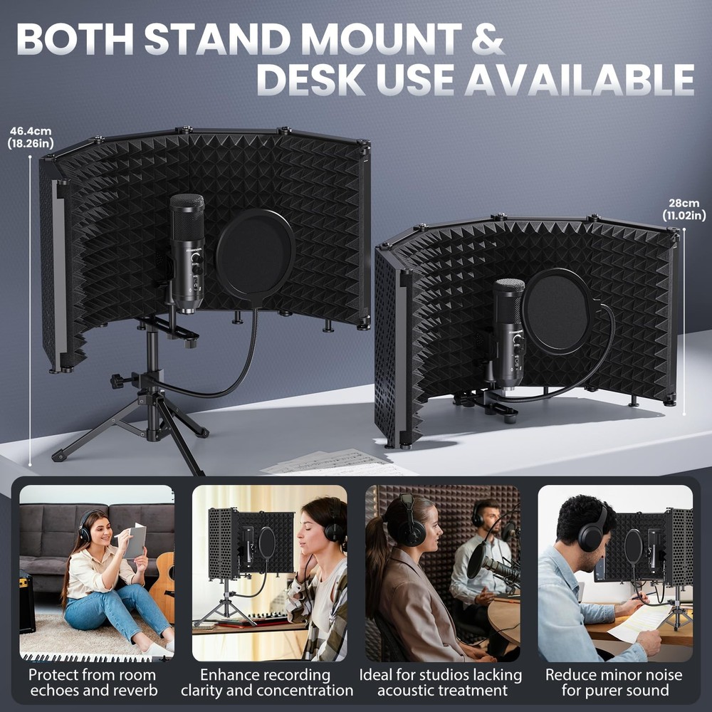 Riworal Studio Recording Microphone Isolation Shield with Pop Filter &Tri-Sta...