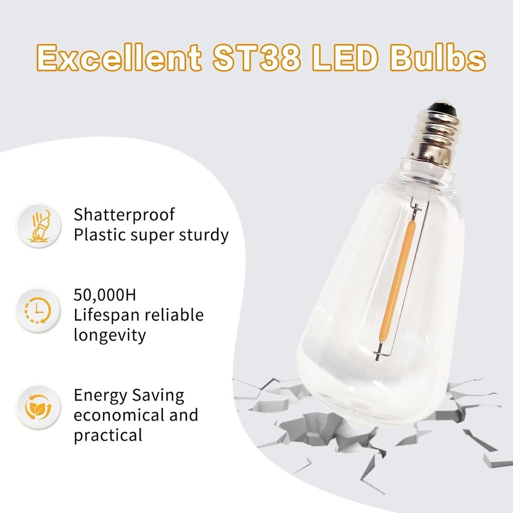 10 Pack ST38 Edison Replacement Bulbs, Warm White LED Clear Bulbs, E12 Base, Ene