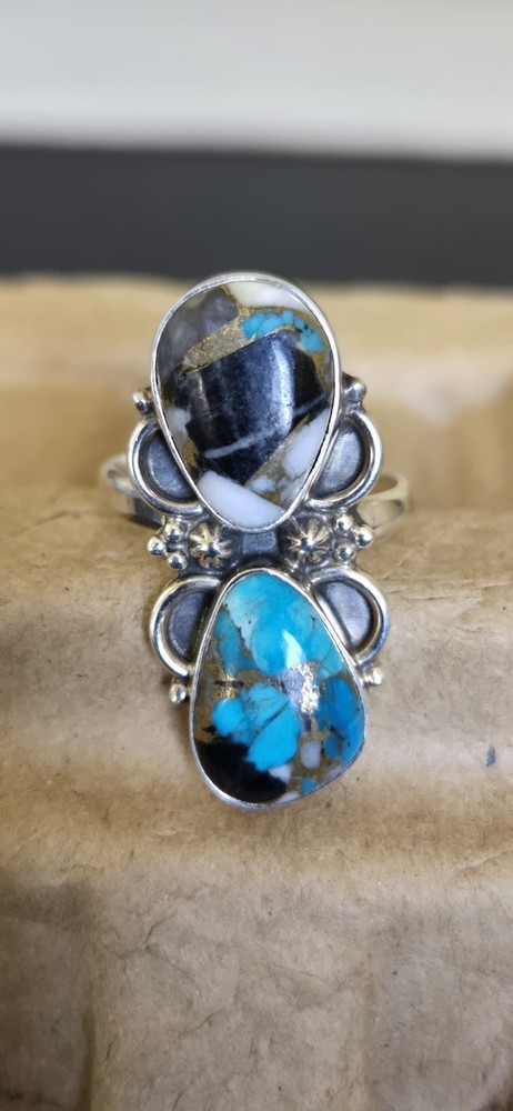 925 Sterling Silver Turquoise Adjustable Ring Western, Boho Style