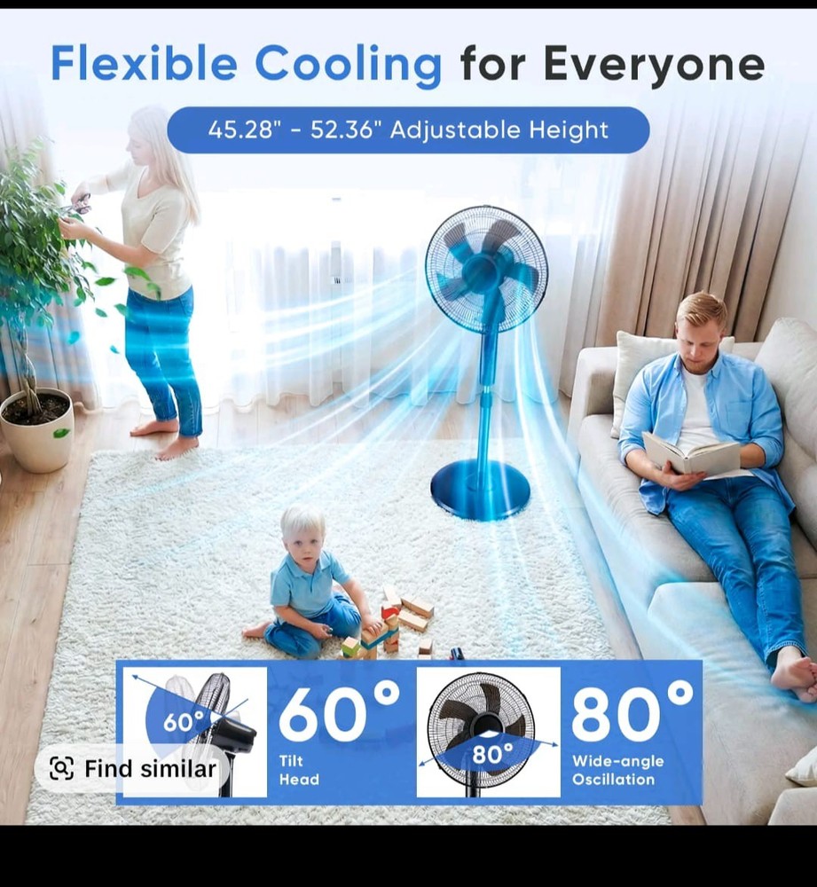 Pedestal Fan With Remote, Adjustable Height, 3 Speeds 3 Modes, Timer Tile Head.