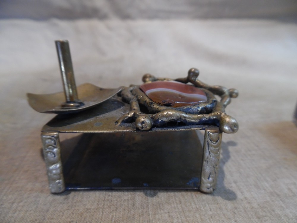 Brass Matchbox Holder With Agate On Top & Match Stick Holder