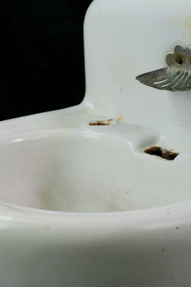 1910s Wall Mount White Cast Iron Sink with Shell Soap Holder