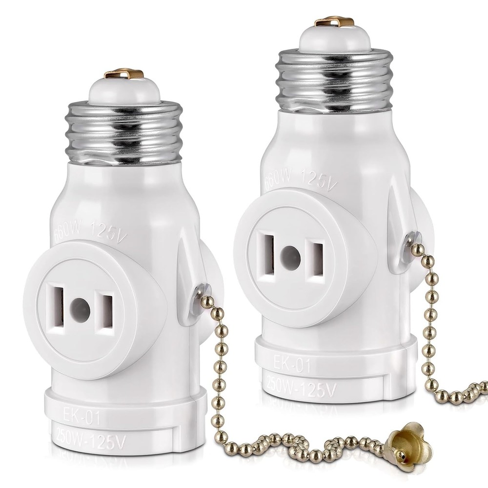2 Outlet Light Socket Adapter with Pull Chain Switch White Medium Screw 2 Pack