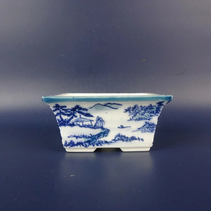 Bonsai Pot Arita Ware Small Rectangular Planter 7.4cm Blue & White Landscape