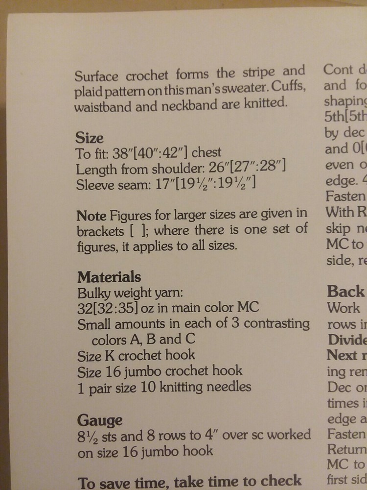 Mens Surface Check Sweater crochet PATTERN INSTRUCTIONS FREE SHIPPING