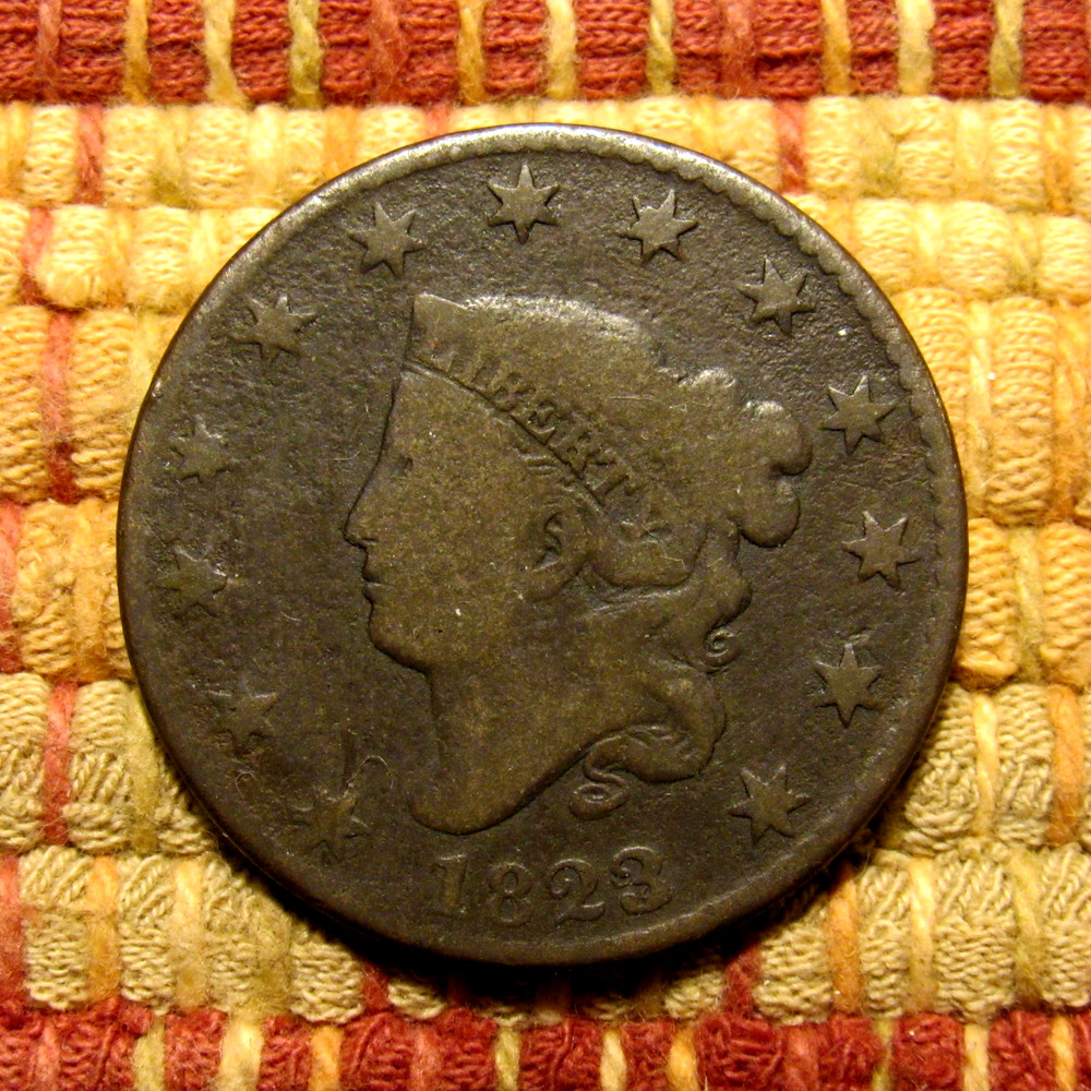 1823/2 CORONET LARGE CENT, VG  ~  KEY DATE, PLEASING ISSUE-FREE ORIGINAL EXAMPLE