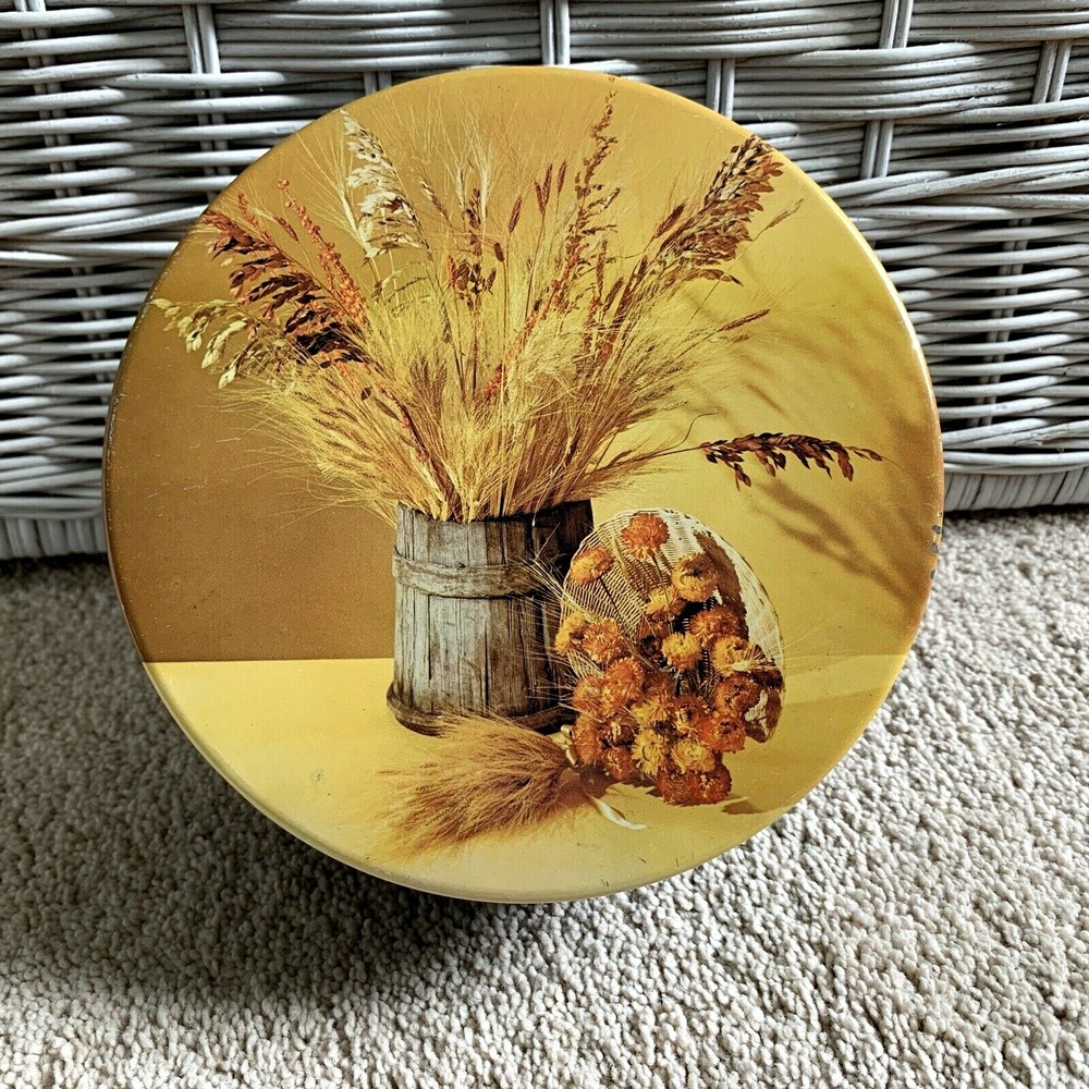 Vintage EMPTY TIN CONTAINER Autumn, Fall, Thanksgiving Round 7”x 2.75"